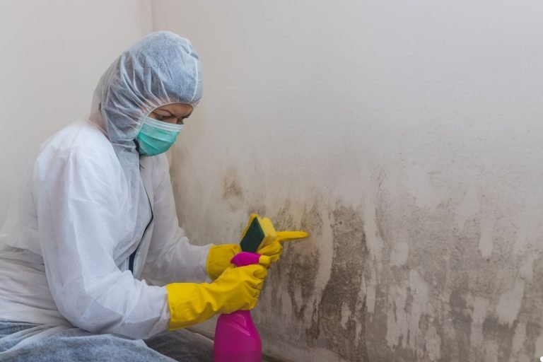 A person in protective gear cleans mold from a wall using a scrubber and spray bottle in a dimly lit room.